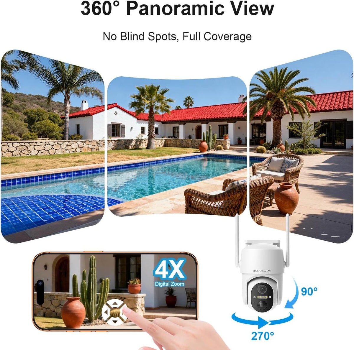 HOSAFE.COM 360° View WiFi Solar Security Cameras Wireless Outdoor
