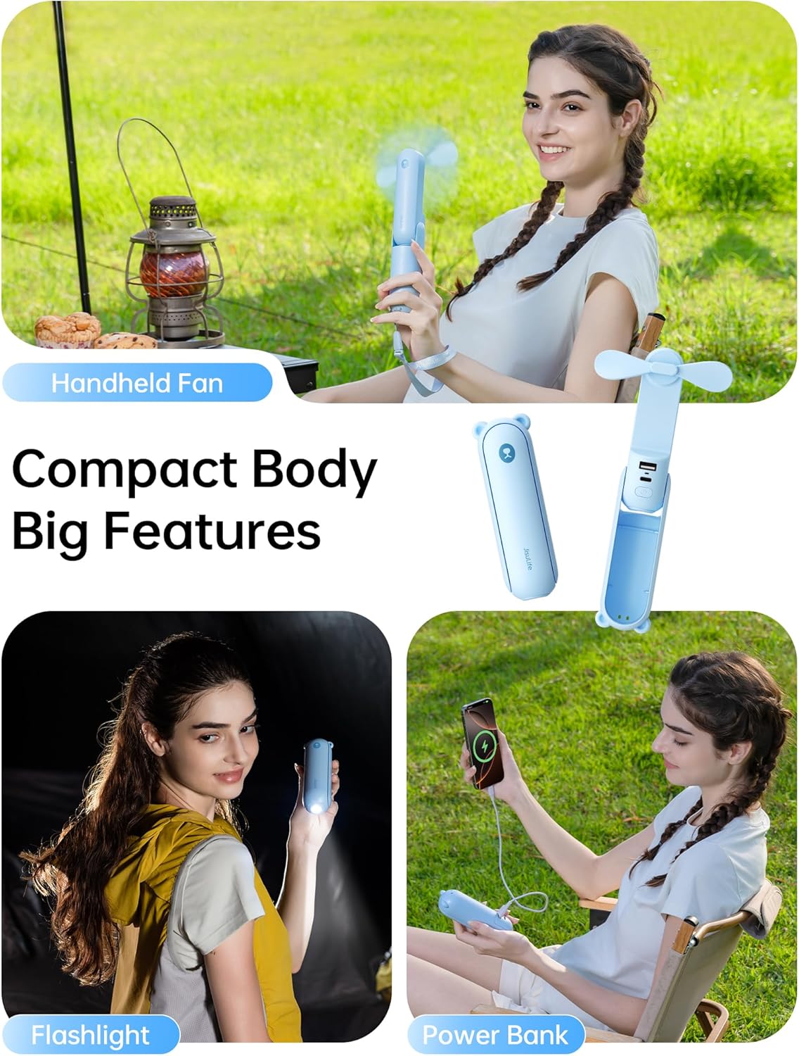 JISULIFE Handheld Fan 8 Plus: 40H Cooling & 4500mAh PowerBank & Flashlight | USB Rechargeable, Portable Pocket Size for Travel, Makeup, Concerts, Summer Gifts for Women(Blue)