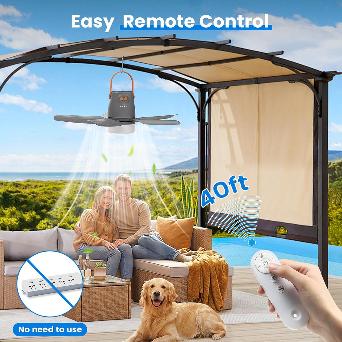21" Portable Ceiling Fan with Light & Remote,20400mAh Battery Operated Outdoor Ceiling Gazebo Fan for Patios/Canopy/Cruise,Rechargeable Battery Powered Fan,Hangable Camping Light Fan,Camping Essential