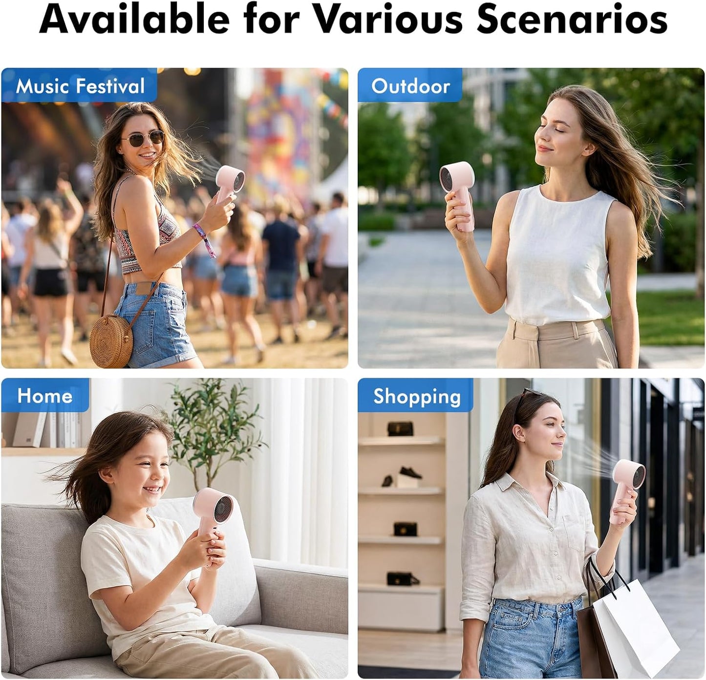 WHATOOK Portable Handheld Turbo Fan, 5 Speeds Mini Personal Fan with 4000mAh Rechargeable Battery, Small Pocket Fan for Travel Essentials, Beach, Office, Gifts for Women Men - Light pink