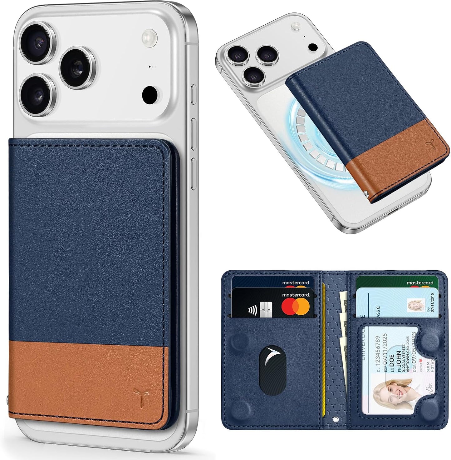 TUCCH for Magsafe Wallet, 6 Card Slots with RFID Blocking, Blue & Brown | for iPhone 17/17e/16/15/14/13/12 Pro/Pro Max/Plus, Clear ID Window, Magnetic Phone Wallet, PU Leather