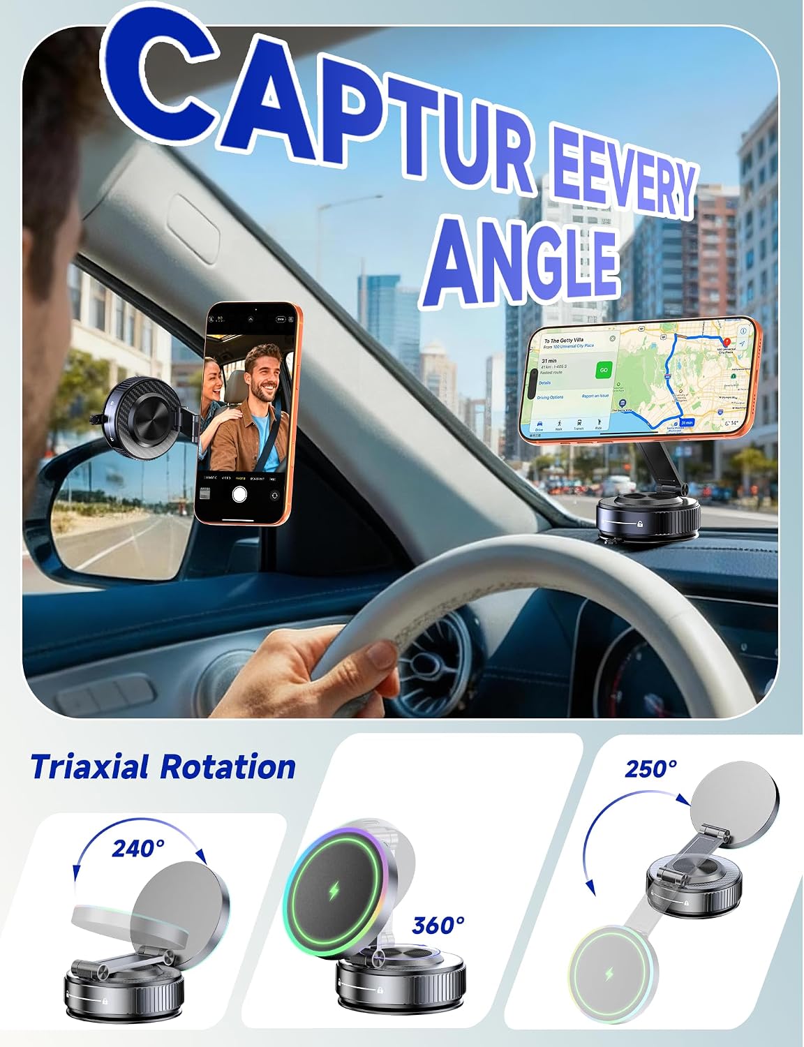 15W Magsafe Car Mount Charger, Faster Charging Wireless Car Charger | [105+LBS Suction & 3800gf Magnetic] Car Phone Holder, 360° Adjustable, Phone Holders for Your Car for iPhone & Android
