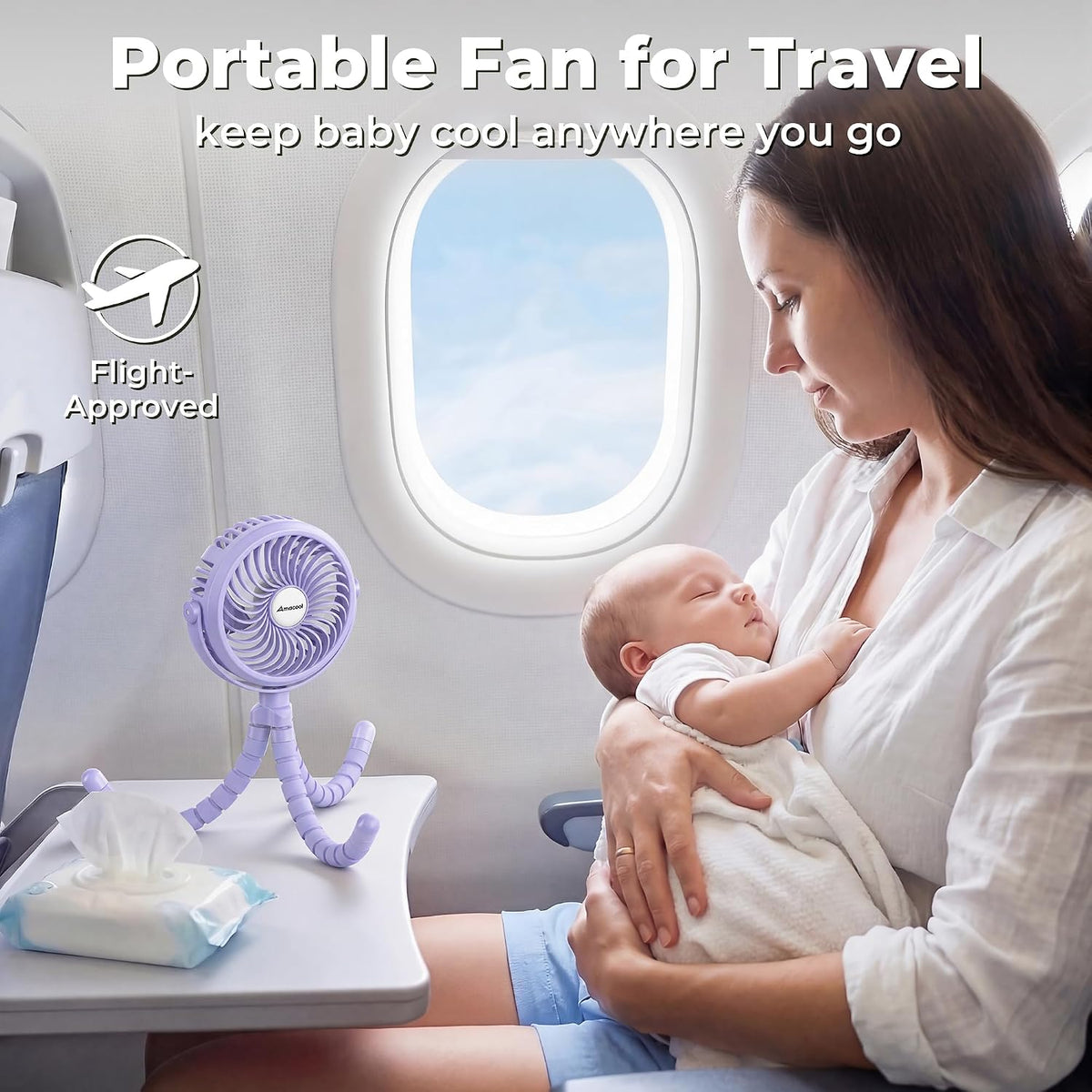 AMACOOL Battery Operated Stroller Fan, Portable Clip On Fan Rechargeable | Baby Travel Essentials for Beach Disney, Newborn Boy & Girl Gifts Registry Search, Cooling for Car Seat Wagon Crib Treadmill