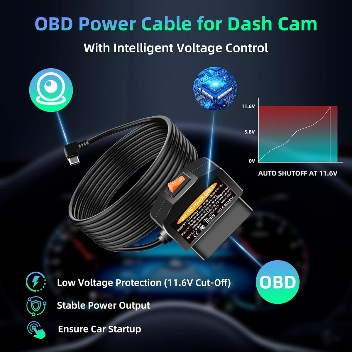 OBD2 to USB C Power Adapter for Dash Cam, Hardwire Kit with Parking Mode, Low Voltage Protection (11.6V/23.4V), Acc Detection, Plug and Play Continuous Recording Cable（Type-C