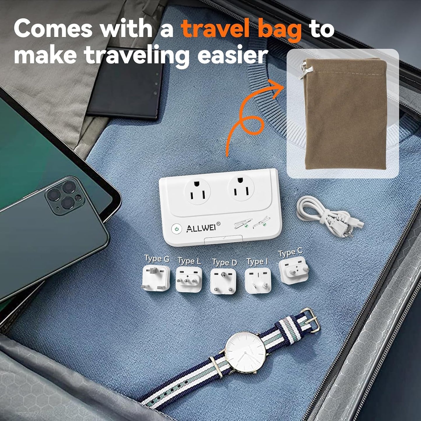 ALLWEI International Travel Adapter 220V to 110V Power Voltage Converter | for Hair Straightener/Curling Iron, Universal Power Plug Adapter UK, US, AU, EU, IT, India (White)
