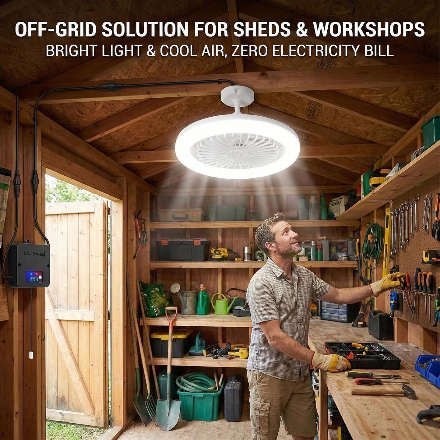 Solar Ceiling Fan with Light Indoor Outdoor, Daytime Available Solar Shed Fan Light with Pull String, 3-in-1 Modes, IP65 Waterproof for Gazebo, Shed, Barn, Patio, Chicken Coop