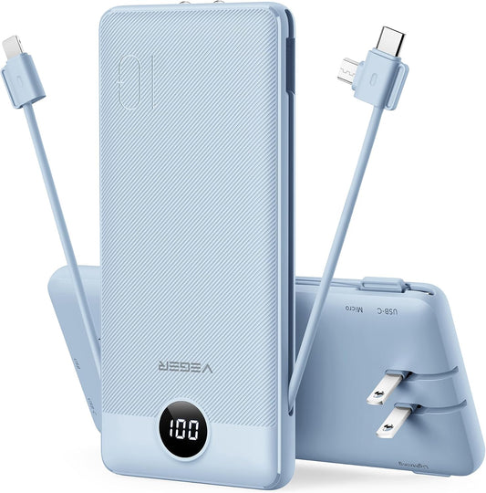 VEGER Portable Charger for iPhone, Power Bank Built in Cable and Wall Plug | 10000mAh Slim USB C Battery Pack, Travel Essentials for Camping Cruise Business Trip, Compatible with Smart Devices, Blue