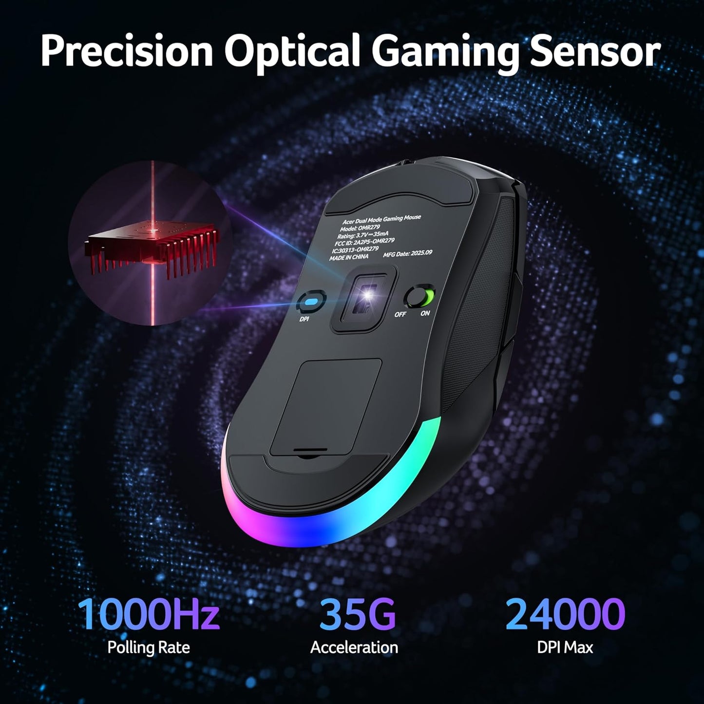 Acer Dual-Mode 2.4GHz Wireless &amp; Wired Computer Gaming Mouse for PC, Laptop | Left &amp; Right Handed Mouse with 24,000 DPI, 8 Programmable Buttons, Rechargable Gaming Mice, Long Battery Life, RGB Gamer
