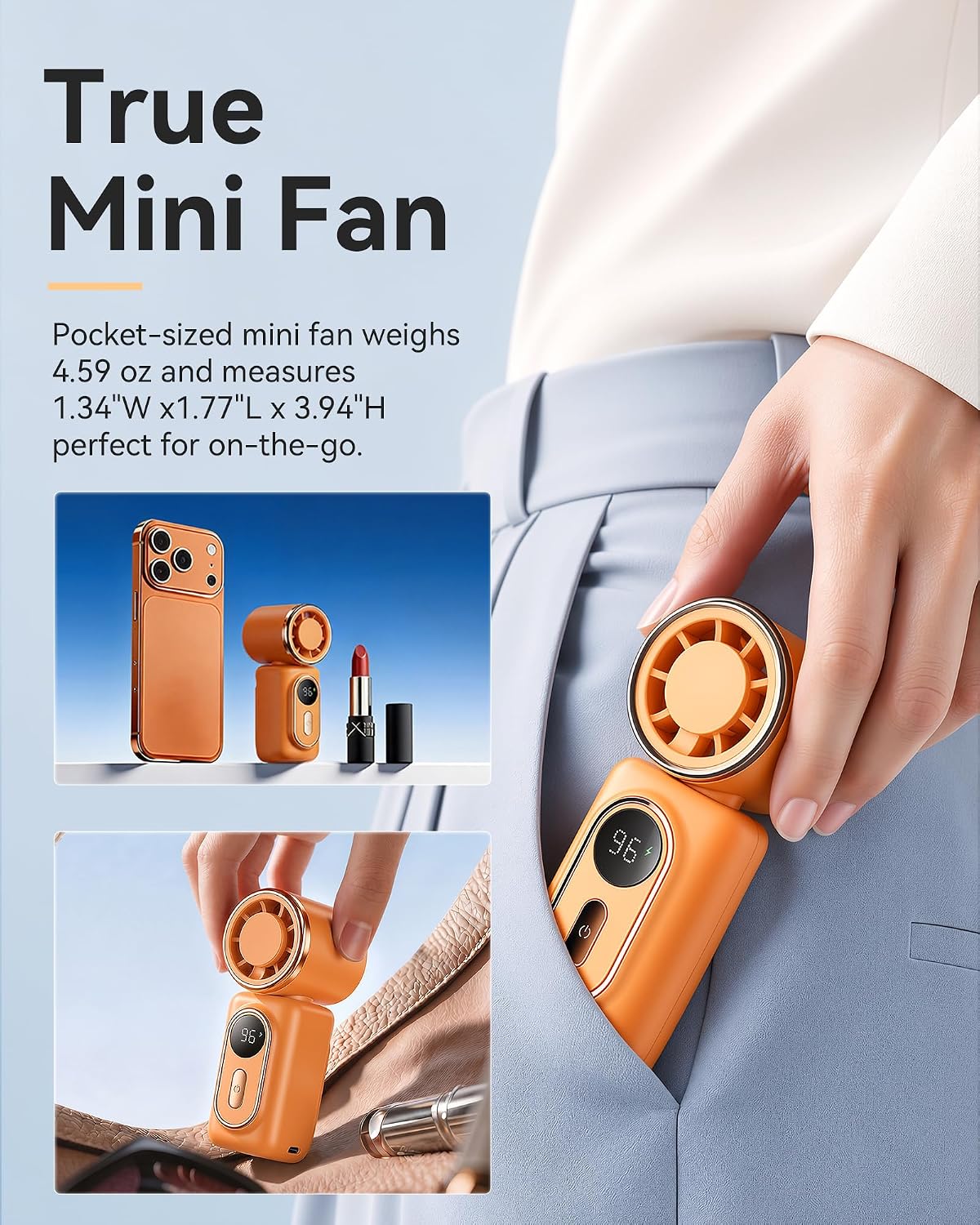 Mini Clip on Fan Handheld, 3000mAh Rechargeable Portable Fan with LED Display, 3-in-1 Personal Cooling Fan, 3 Speeds Quiet USB C Fan for Stroller Desk Travel Camping Office for Women Men Kids, Orange