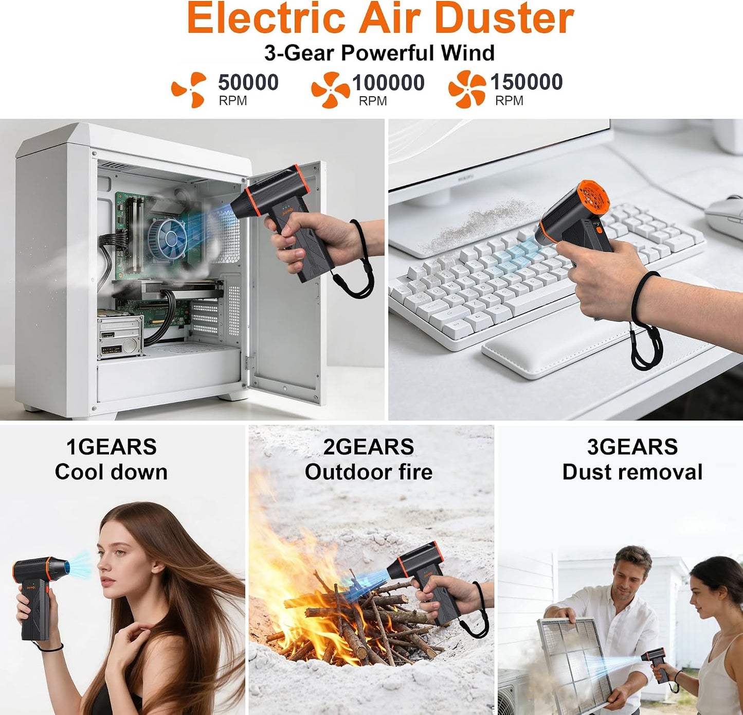 Compressed air Duster & Small Vacuum,150000RPM 3in1 Computer Vacuum Cleaner | compressed air vacuum with brushless motor,3-speed/multiple nozzles,for cleaning car, keyboard, computer, Storage Bag Sealing