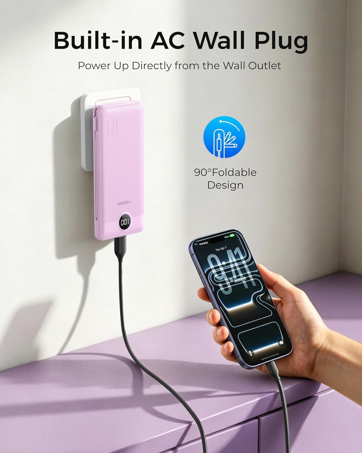 VEGER Portable Charger for iPhone, Power Bank Built in Cable and Wall Plug | 10000mAh Slim USB C Battery Pack, Travel Essentials for Camping Cruise Business Trip, Compatible with Smart Devices, Purple