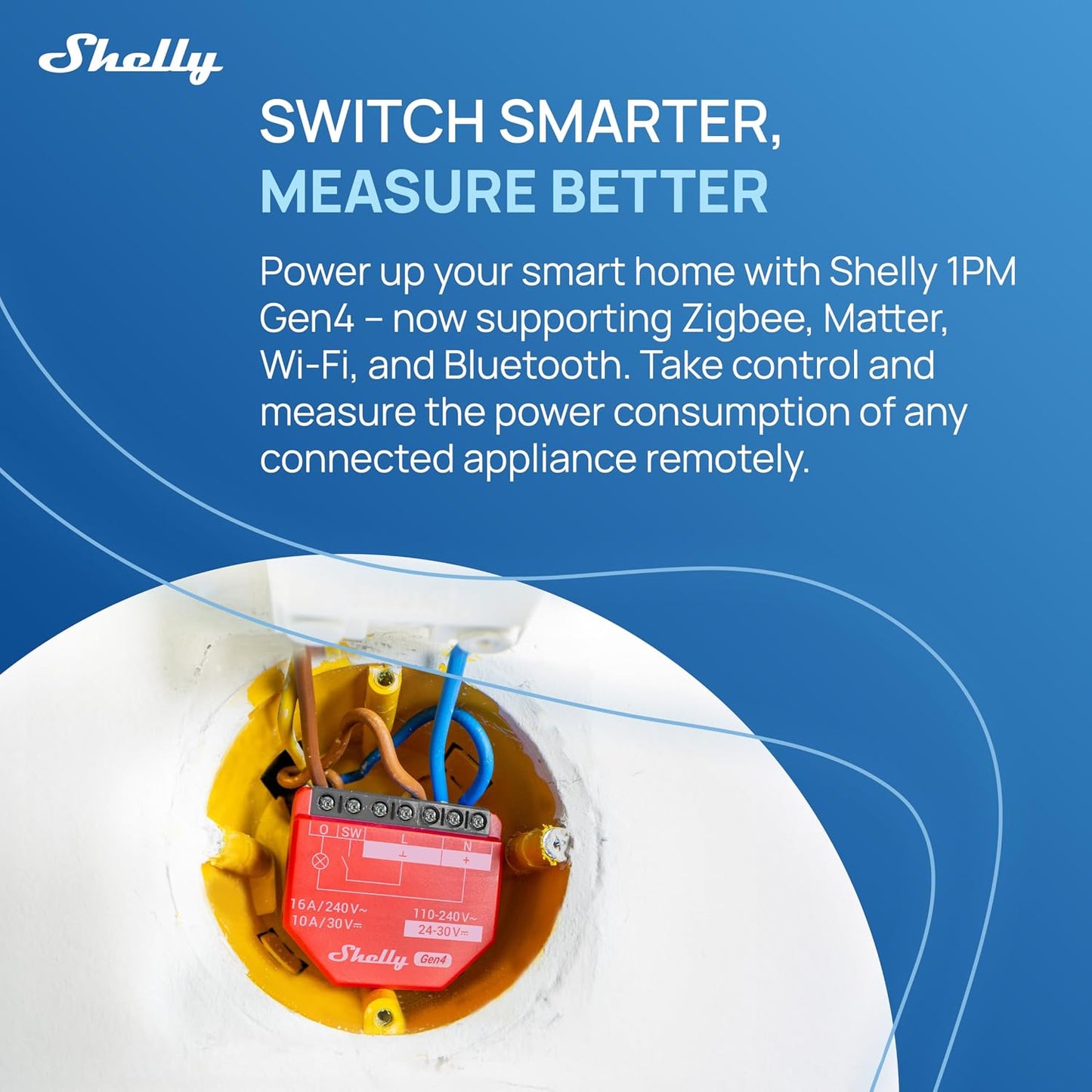 Shelly 1PM Gen4 | Wi-Fi, Zigbee, Matter Smart Relay Switch with Power Metering, 1-Channel 16A | Home Automation | Alexa, Google Home, Apple HomeKit Compatible | iOS Android App | No Hub