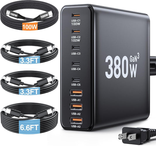 380W USB C Charger Block with 4 USB Cables Dual 100W Charging Station | 8-Port USB C Charging Station Laptop Charger Fast Type C Charging Block for MacBook Pro