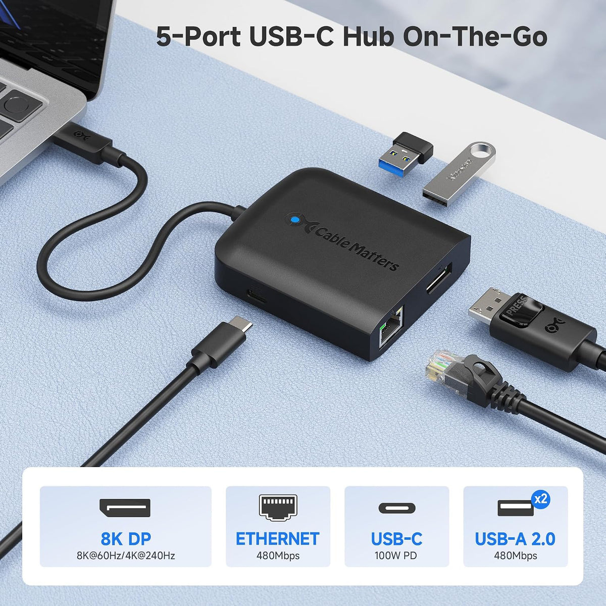 Cable Matters USB C Multiport Adapter (USB C Hub with DisplayPort 8K), 2X USB 2.0, Fast Ethernet, and 60W Charging in Black - Thunderbolt 4 / USB4 / Thunderbolt 3 Port Compatible with MacBook Pro