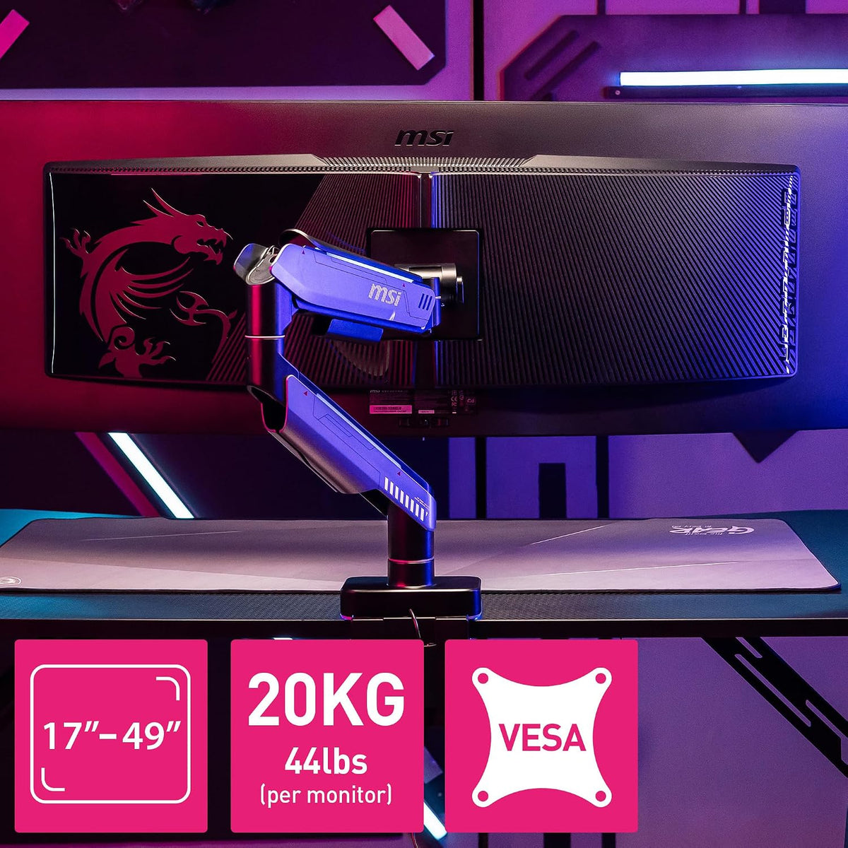 MSI MPG MT201R V2 - Premium RGB Single Monitor Stand Arm, Supports 17-49" Screens and 44 lbs, VESA Compatible, Adjustable Heavy Duty Gas Spring Mount, Clamp & Grommet, Quick Release Plate - Gray