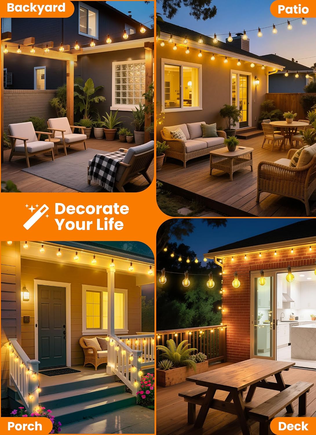 100FT 52 LED Bulbs Outdoor String Lights, IP65 Waterproof String Lights | G40 Shatterproof Connectable Outside Patio Light for Backyard Porch Balcony Garden Decor Christmas Camping Gazebo