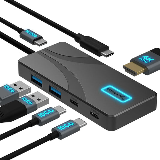 SABRENT USB-C Hub 5-in-1, 10Gbps, 4K HDMI, 100W PD (HB-TG5P) | USB-A & USB-C; single 4K@60Hz HDMI; 80W laptop charging; aluminum; MacBook, iPad, laptops; powered usb c hub
