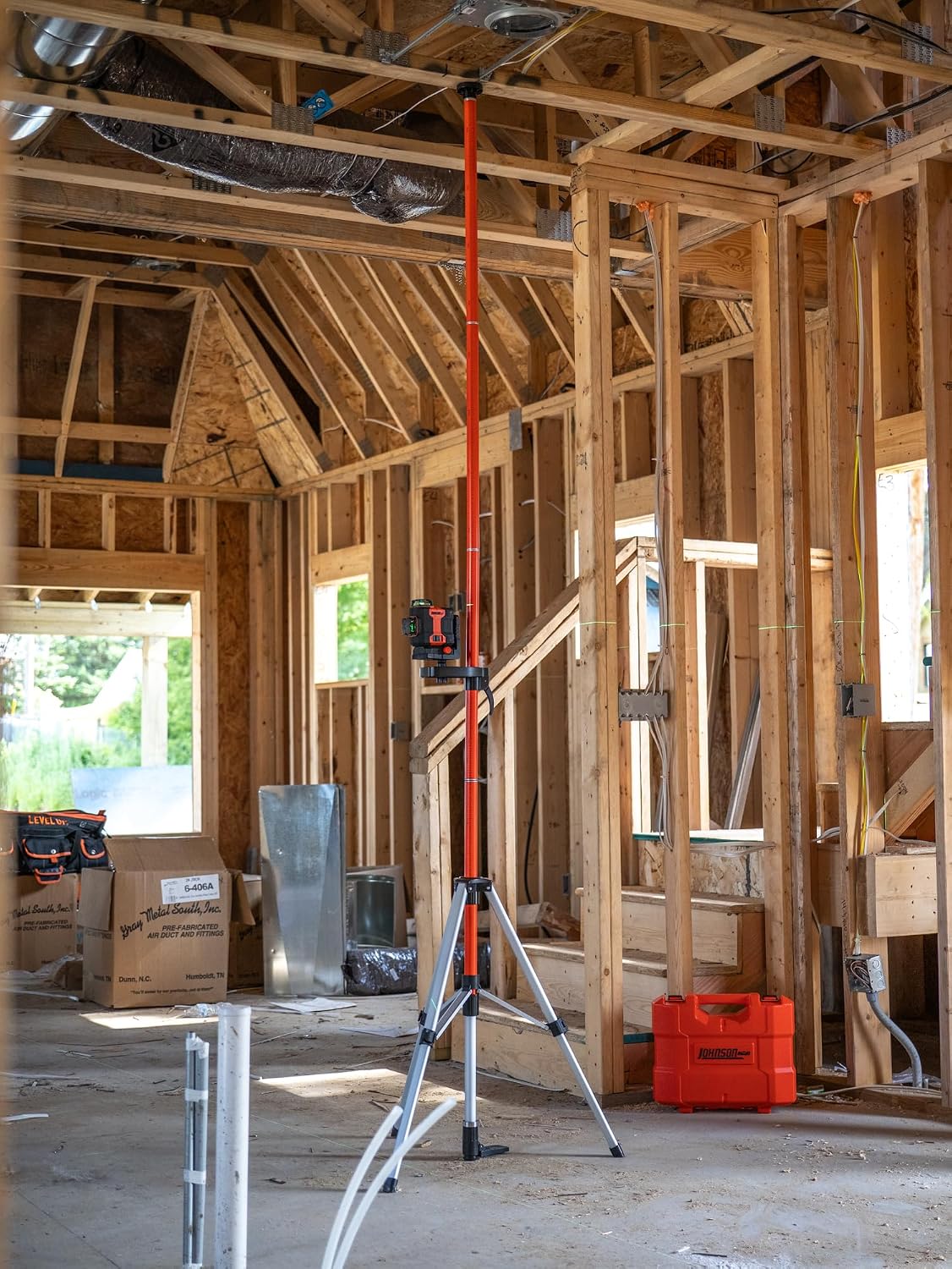 Johnson Level & Tool 40-6302 Heavy Duty 11' Adjustable Laser Pole with Aluminum Tripod, 1/4"-20 & 5/8"-11 Threads, Laser Accessory for Stability & Precision