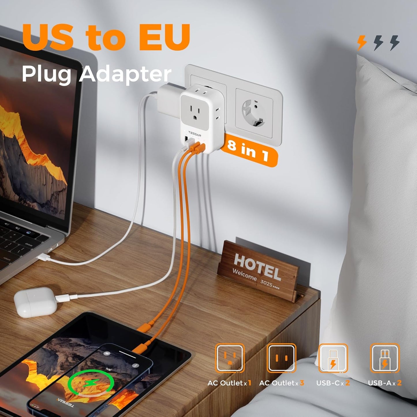 TESSAN European Travel Plug Adapter 2 Pack, PD 20W Adapter for Europe Plug | 4 AC Outlets, 4 USB (2 USB C), Type C Adaptor, US to Europe, Italy, Spain, France, Portugal, Greece, Iceland, Germany