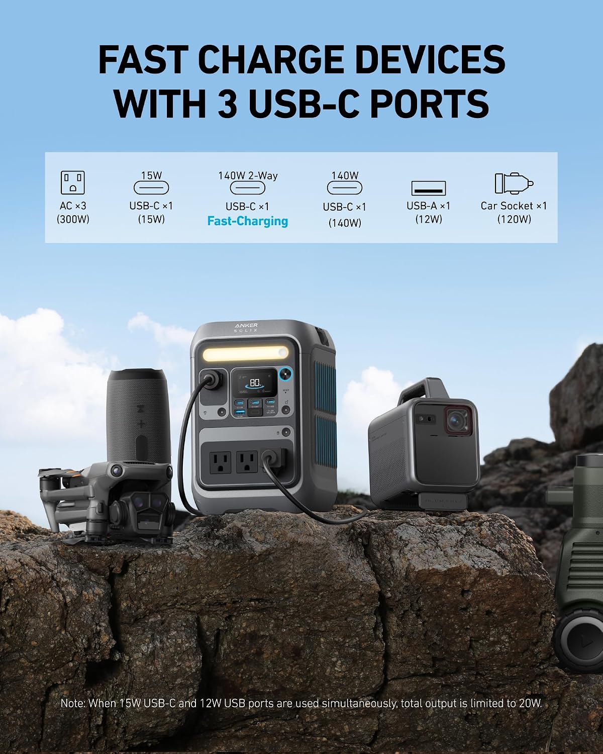 Anker Portable Power Station SOLIX C300, 288Wh LiFePO4 Backup Battery, 300W Solar Generator, 140W Two-Way Fast Charging, for Camping, Hunting, Travel, Blackout & Emergencies (Solar Panel Optional)