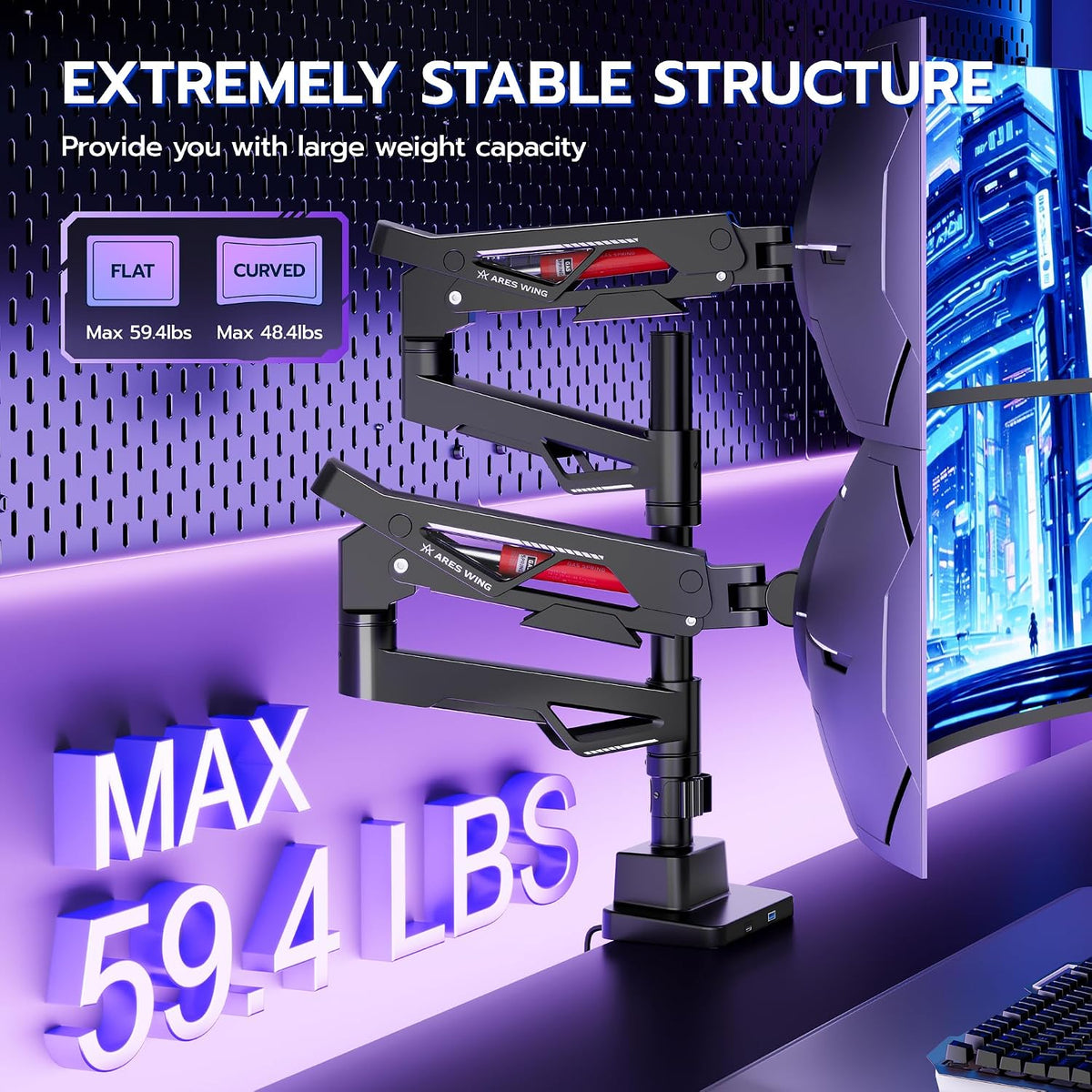 ARES WING Heavy-Duty Gas Spring Dual Ultrawide Monitor Arm57 60Lbs USB VESA