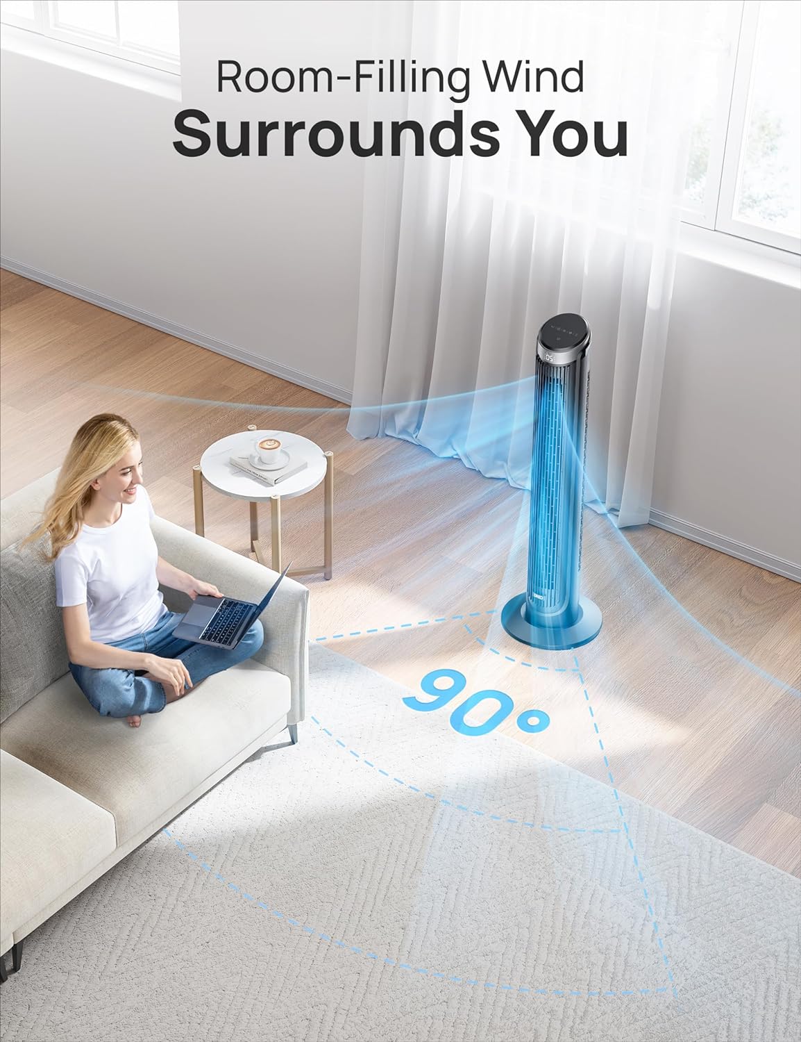 DREO Tower Fan for Bedroom, 90° Oscillating Fans that Blow Cold Air | 26 ft/s Powerful Airflow, 28dB Quiet Fan, 5 Speeds, 4 Cooling Modes, 12H Timer, 40" Standing Floor Fan for Home Office
