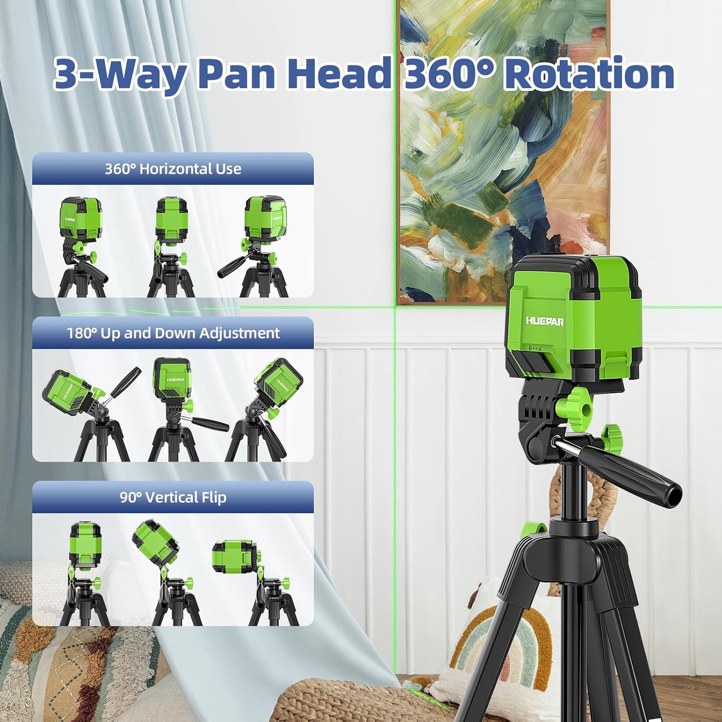 Huepar 60-Inch Lightweight Tripod Portable Adjustable Tripod for Laser Level with 3-Way Swivel Pan Head, 2 Bubble Levels, 1/4" and 5/8" Thread Mount for Varieties Tools, Only for Indoor Basic Work