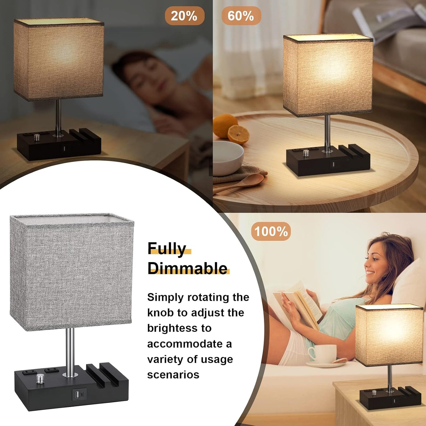 Bedside Table Lamp for Bedroom Nightstand - Stepless Dimmable, 2 AC Outlets | Dimming By Rotary Knob, USB C+A Ports, 2 Phone Stands, LED Bulbs Included, Rectangle Grey Fabric Shade, for Living Room, Desk