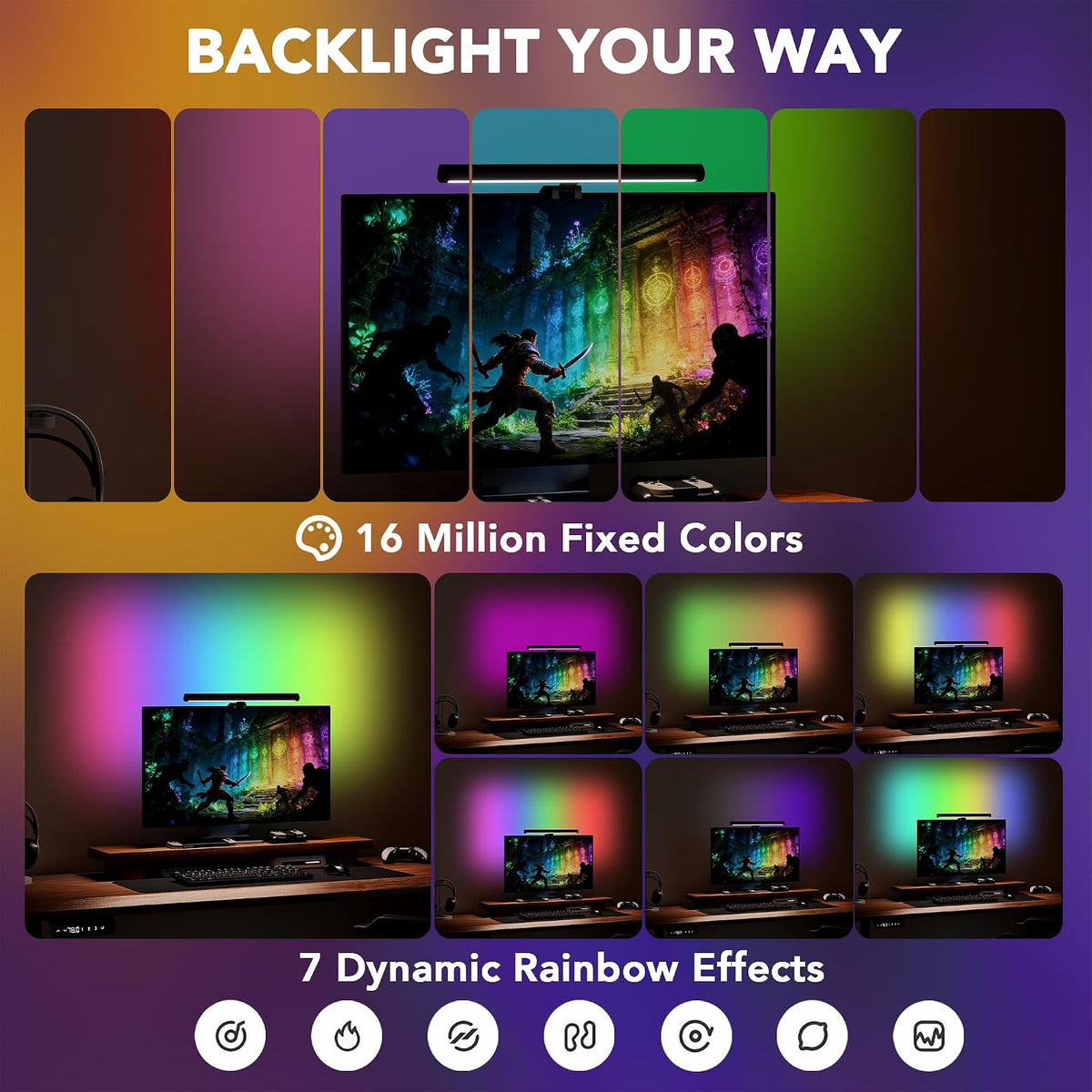 Smart Monitor Light Bar with RGB Backlight, Software-Controlled Display Color & Music Sync, LED Desk Lamp，Monitor Light for Gaming/Work with 16M Colors & 18 Modes – 16"