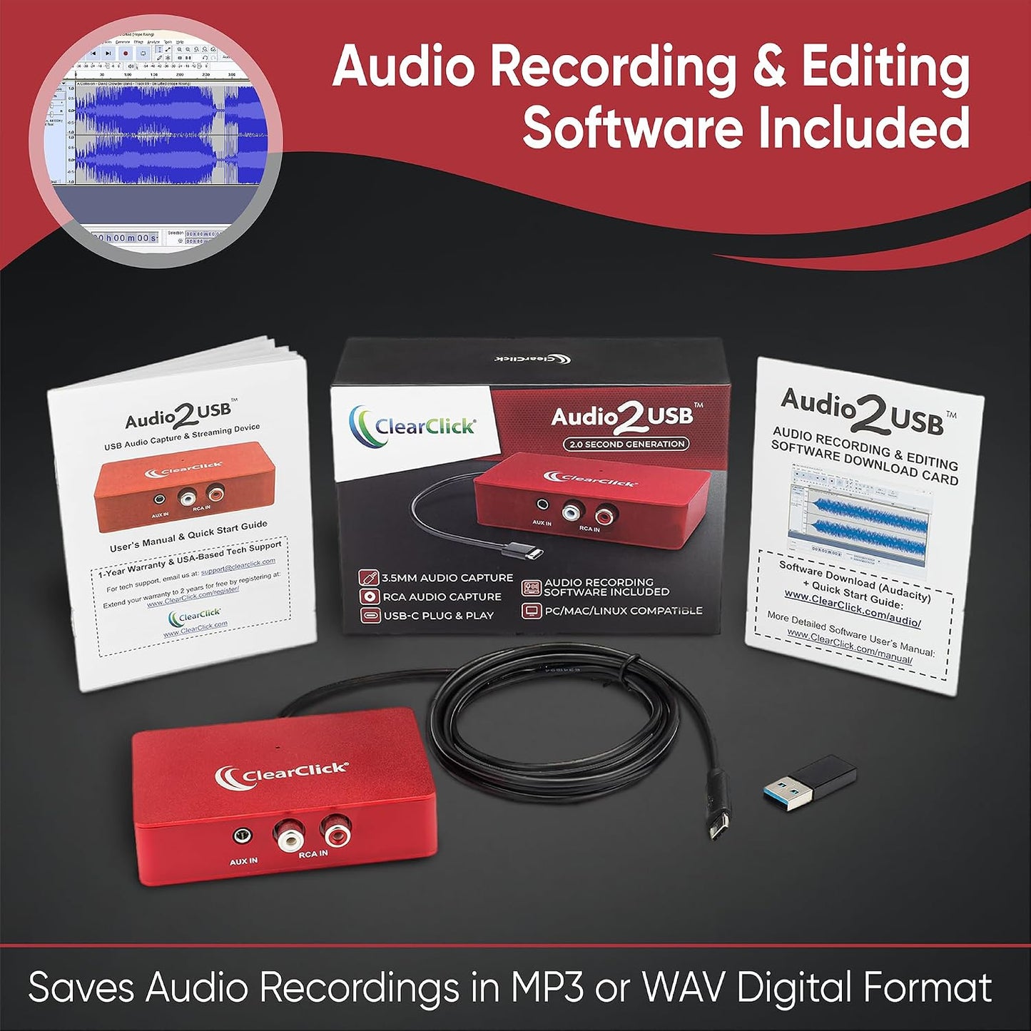 ClearClick Audio to USB 2.0 - Second Generation - Audio Capture & Live Streaming Device - Input 1/8" 3.5mm Aux AV RCA - USB-C Plug & Play