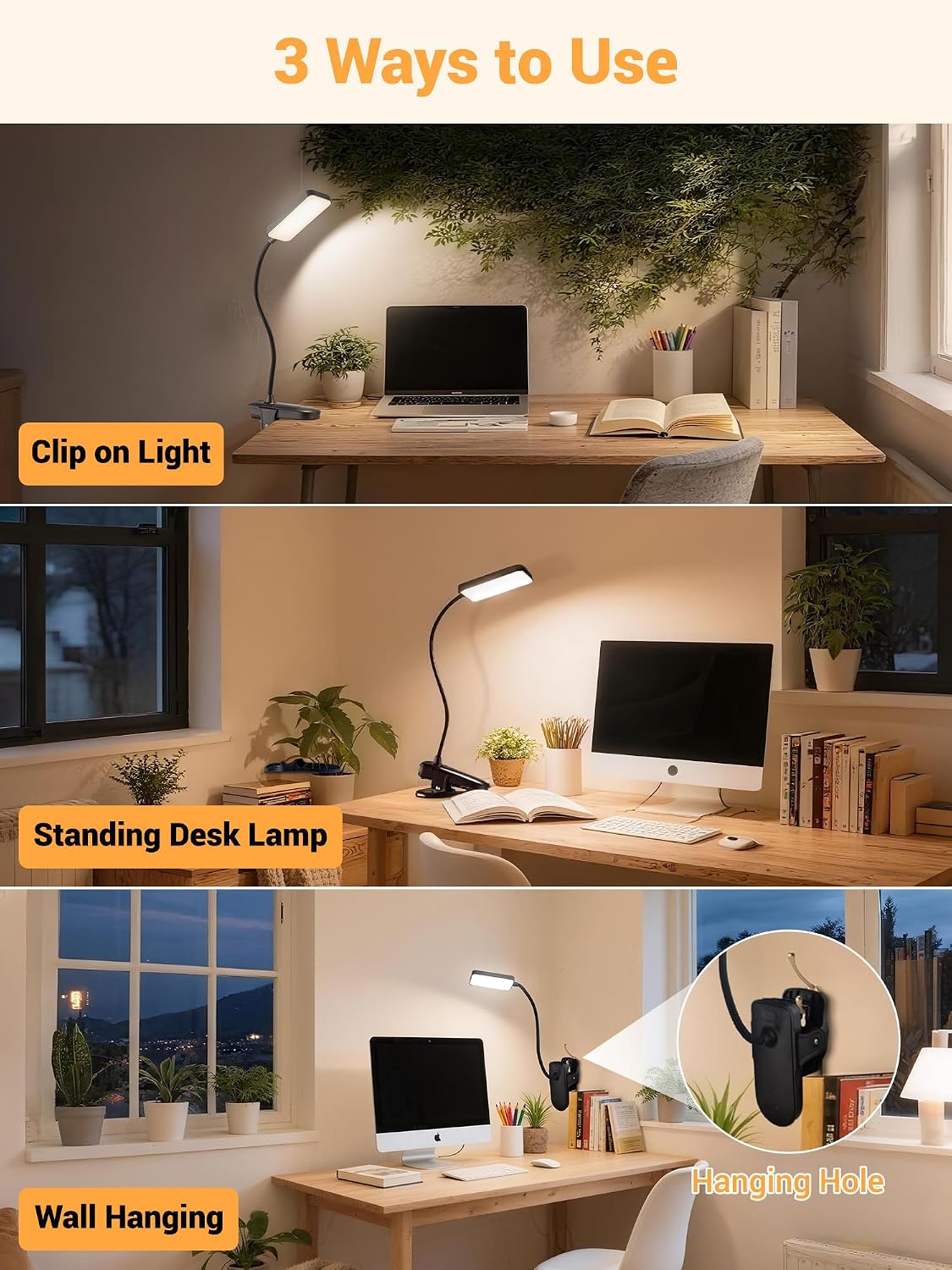 Clip on Light,9 Brightness+5 Color Rechargeable Lamp,48 LED Small Desk Lamp | 4000mAh Battery Powered Lamp,450 Lumen Clamp Light, Wireless & Cordless Book Reading Light for Bed/Bedside Table/Bedroom/Dorm