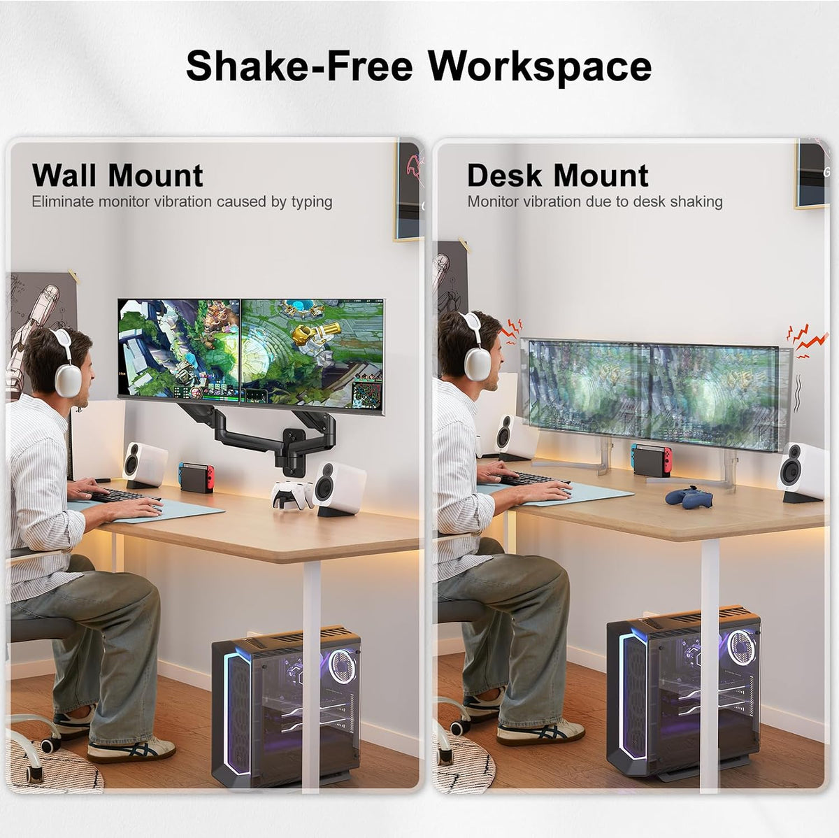 HUANUO Gaming Dual Monitor Wall Mount for 17-32 Inch Computer Screen Mount (4.4-17.6lbs Per Arm) - VESA 75x75/100x100 Height Adjustable Stand for Dual Monitors - Home Office Desk Setup