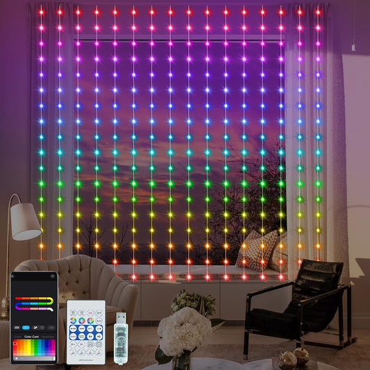 Smart Curtain Lights RGB 5050 Built in Chip with APP Remote Control | 8Ft x 6Ft 144LED Color Changing Fairy Lights with Music Sync, USB Powered Curtain Light for Party Patio Garden Decor