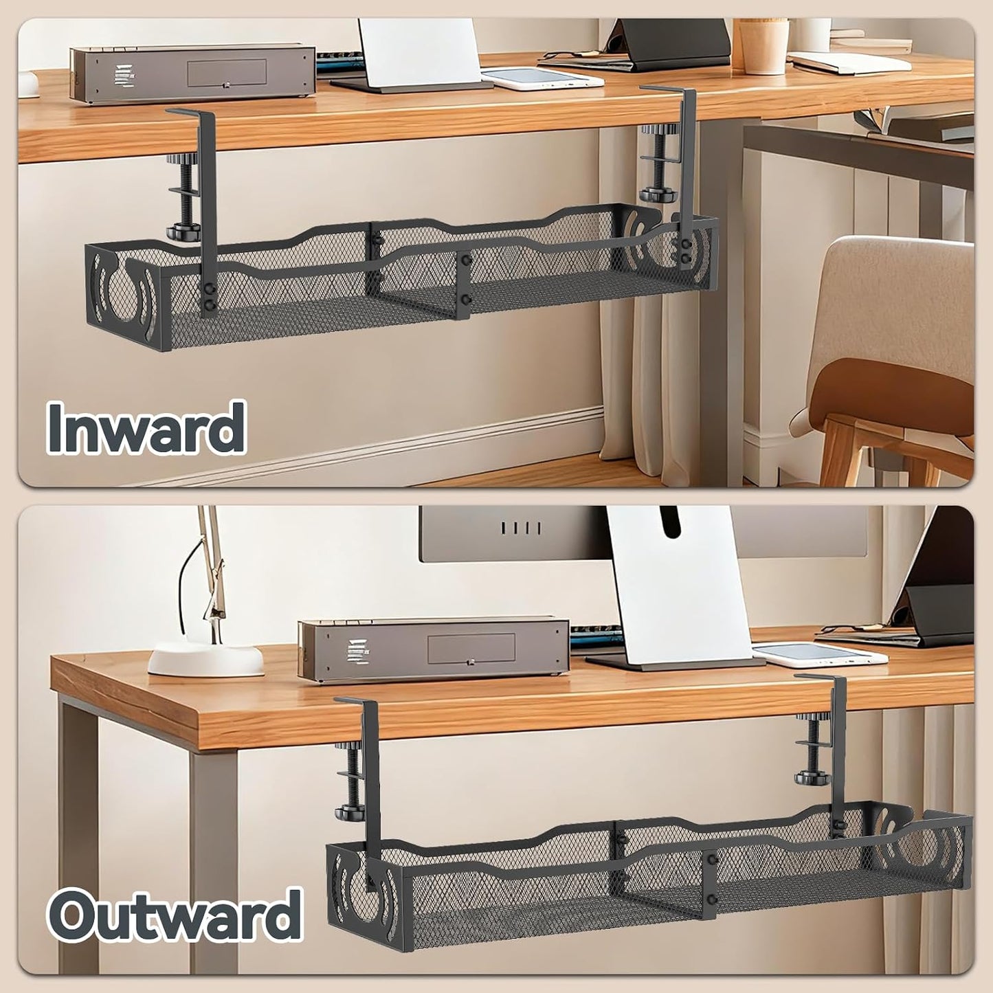 Cable Management, 25.3'' Under Desk Cable Management Tray No Drill | Metal Cable Organizer with Clamp for Wire Management, Cord Organizer for Home Office, Desk Accessories Organizer, Black