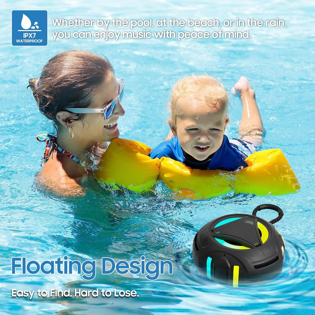 Bluetooth Shower Speake Waterproof，Portable Outdoor Bluetooth Speake with RGB Lights，IPX67 Floating，Built-in Mic，24Hrs Playtime，True Wireless Stereo，Gifts for Teens Boy Girls Women Men - Black