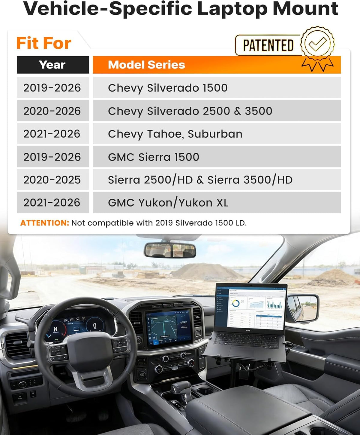 Truck Laptop Mount Fit for 19-26 Chevy Silverado, Tahoe, GMC Sierra, No-Drilling Vehicle-Specific Laptop Holder with Cooling Fan Adjustable Height for Work on The Go