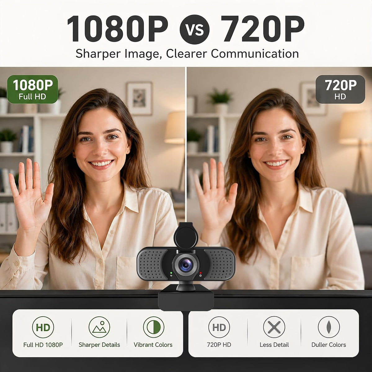 Full HD 1080P Webcam with Microphone, Noise-Canceling, Privacy Cover, Wide-Angle Lens, Auto Light Correction, Plug & Play USB Web Camera for Laptop, Desktop, PC, Mac, Zoom, Skype – Pro Series