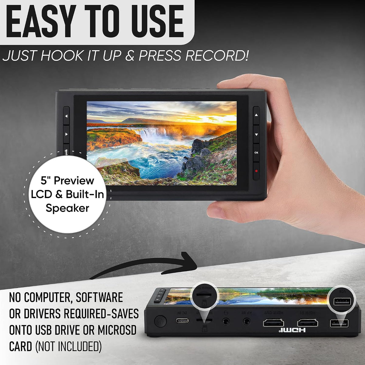 4K HD Video Capture Box - Capture or Live Stream Video (with Audio) from HDMI [Content-Protected Sources Not Supported], AV, VHS, VCR, DVD, Camcorders, Hi8, MiniDV - 5" LCD & Speaker