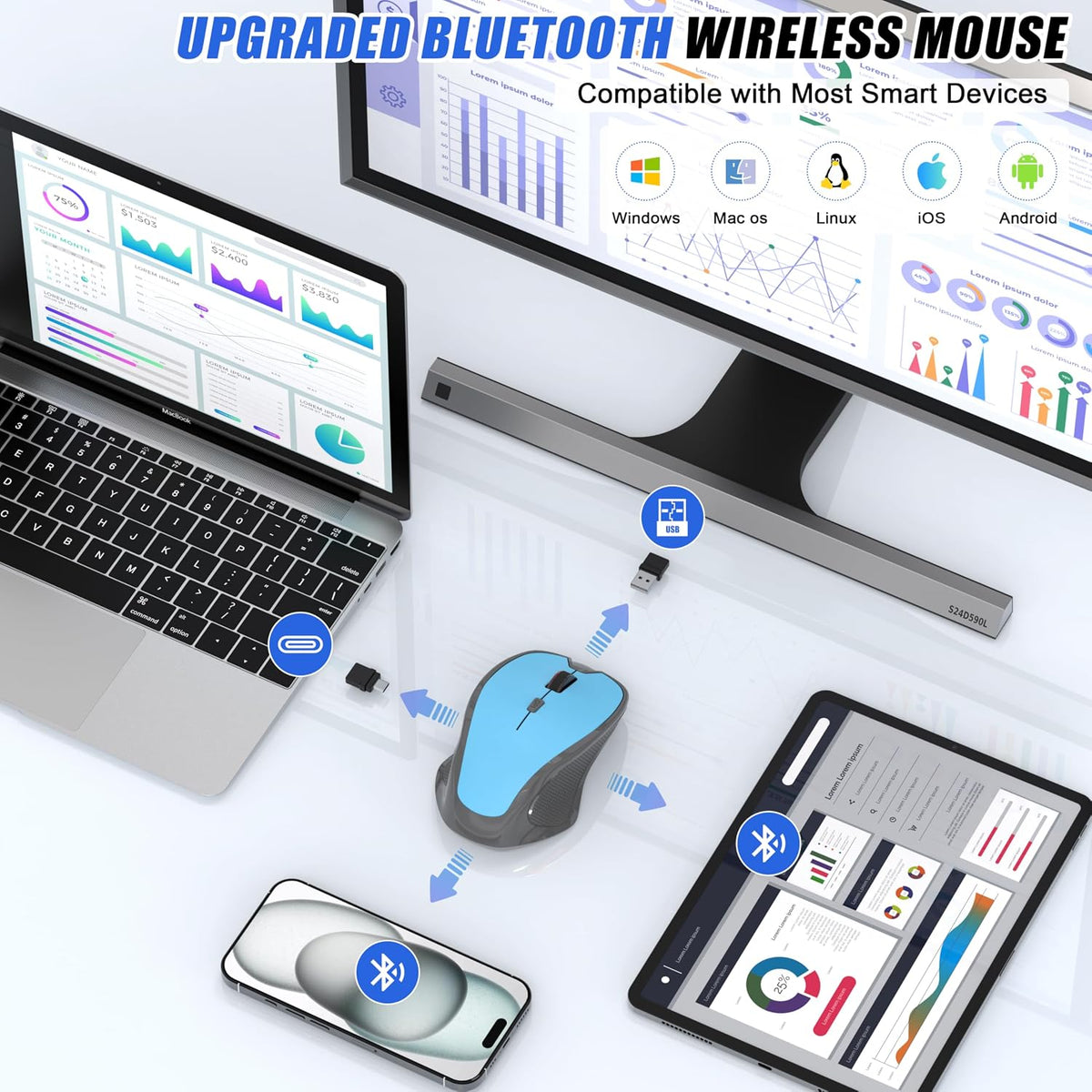 Wireless Bluetooth Mouse for iPad Pro MacBook, Ergonomic Rechargeable Mice with Jiggler Mode, 2-Mode Bluetooth 5.2/3.0 & 2.4G USB-A/USB-C Receiver, Silent Optical Mouse for Mac PC Laptop, Blue