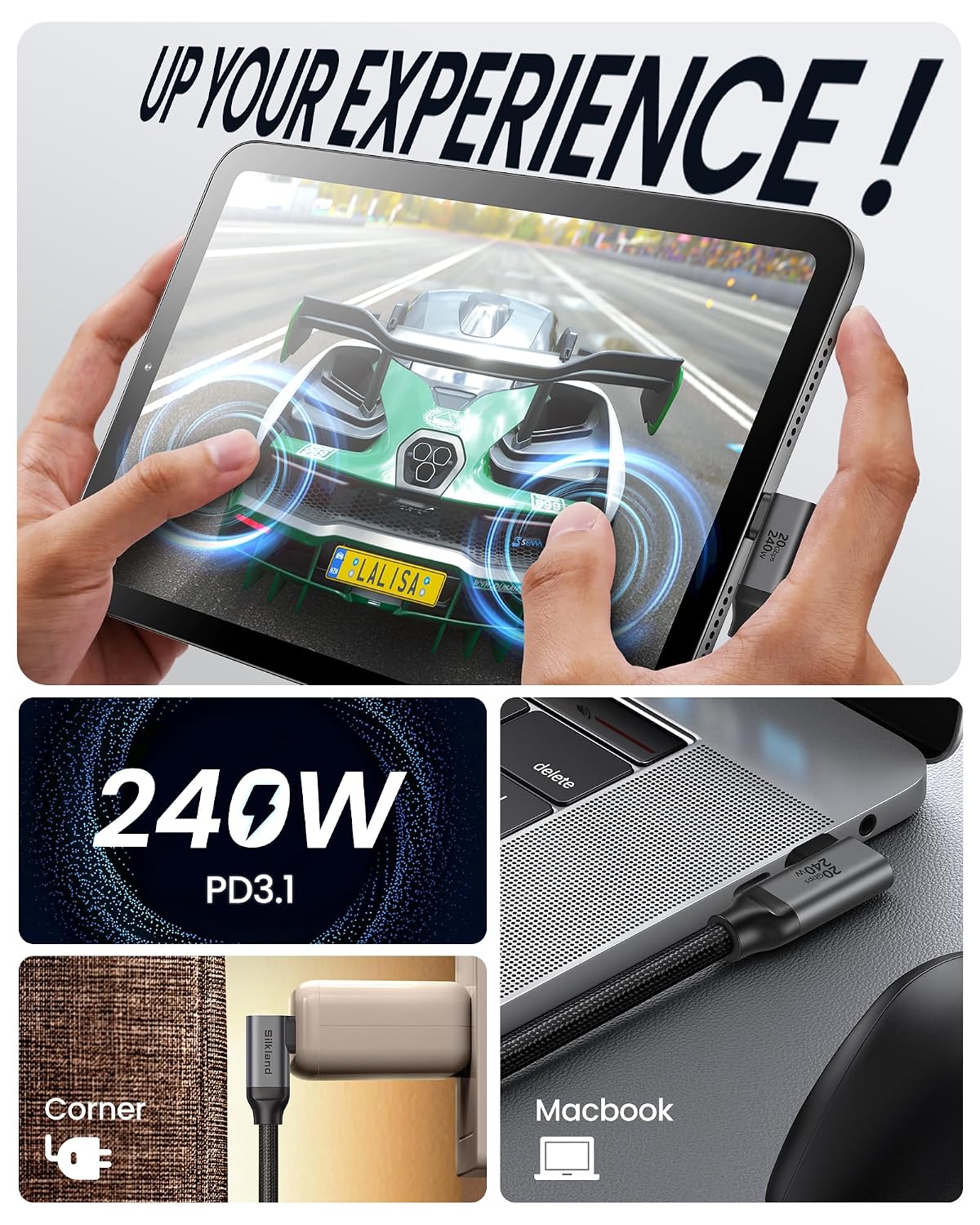 Silkland USB C Monitor Cable Right Angle 5FT, 8K@30Hz 5K/4K@60Hz Display, 20Gbps Data Transfer, 90 Degree USB C 3.2 Gen 2x2 Video Cable, 240W Charging for iPhone 17, MacBook, Portable Monitor, Carplay