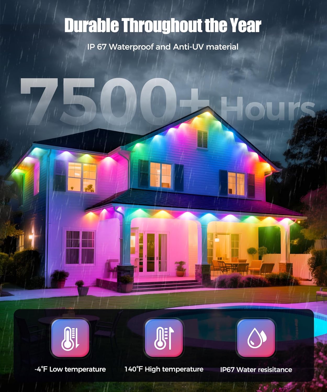 POOFZY 200 ft RGBIC Permanent Outdoor Lights for House, App and Remote