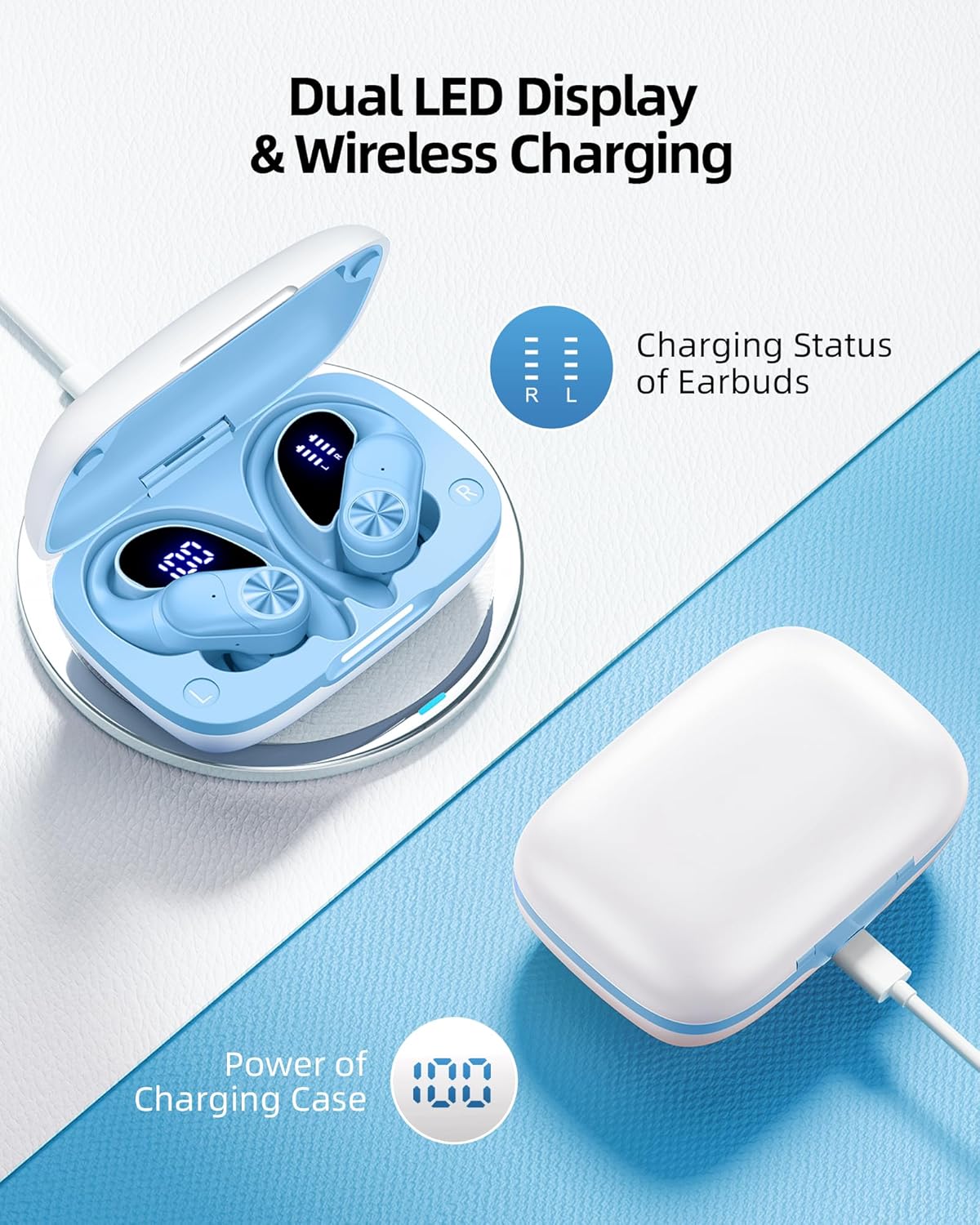 PocBuds Bluetooth Headphones Wireless Earbuds 80hrs Playtime Wireless Charging Case Digital Display Sports Ear Buds with Earhook Deep Bass IPX7 Waterproof Over-Ear Earphones for TV Phone Laptop Blue