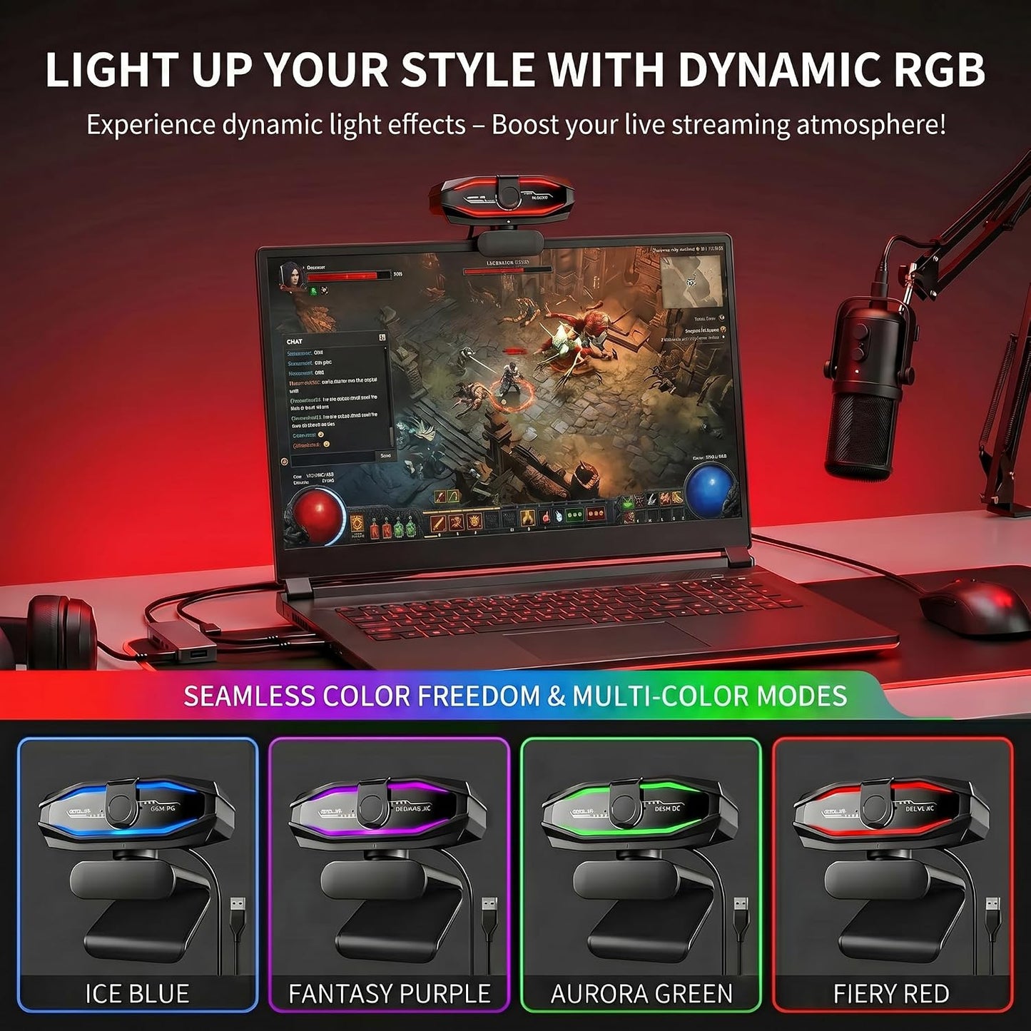 1080P Webcam with Microphone, Full HD Web Camera with RGB Light for Pc, Light Correction and Noise Cancellation Streaming Webcam, USB Computer Camera with Privacy Cover ,Plug and Play PC Web Cam