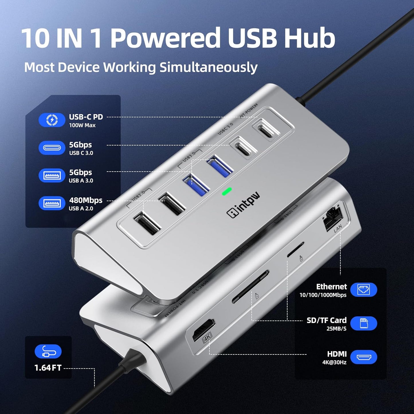 intpw 10-in-1 USB C Hub, P9R Powered USB Hub with 4K HDMI, 3 USB 3.0 5Gbps, PD 100W, 1Gbps Ethernet, SD/TF, Aluminum USB Hub for Laptop, MacBook Pro/Air, iPad Pro, iPhone 17, Dell, HP