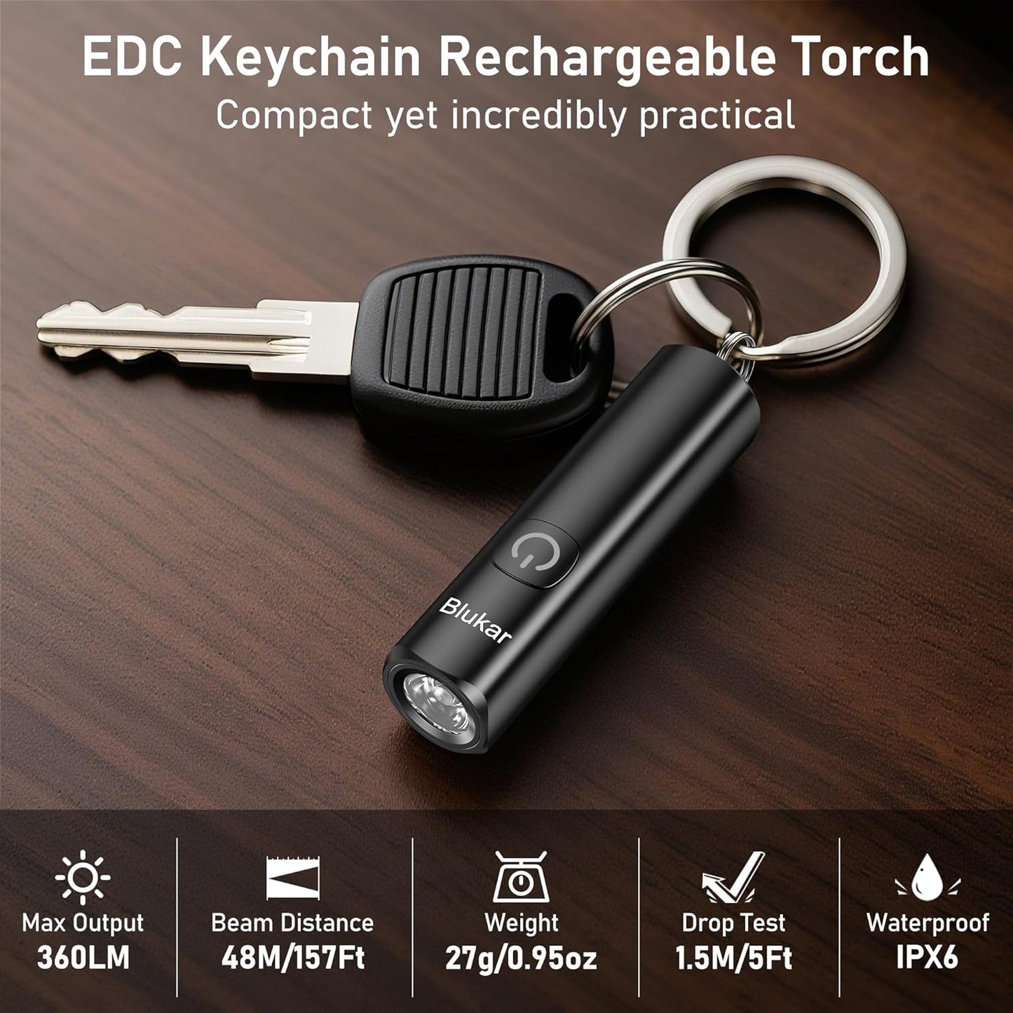 Blukar 2 Pack EDC Rechargeable Keychain Flashlight, 360L Mini Flash Light | 3 Lighting Modes, Memory Function, Waterproof, Compact Pocket Light for Everyday Carry, Emergency, Camping, Outdoor
