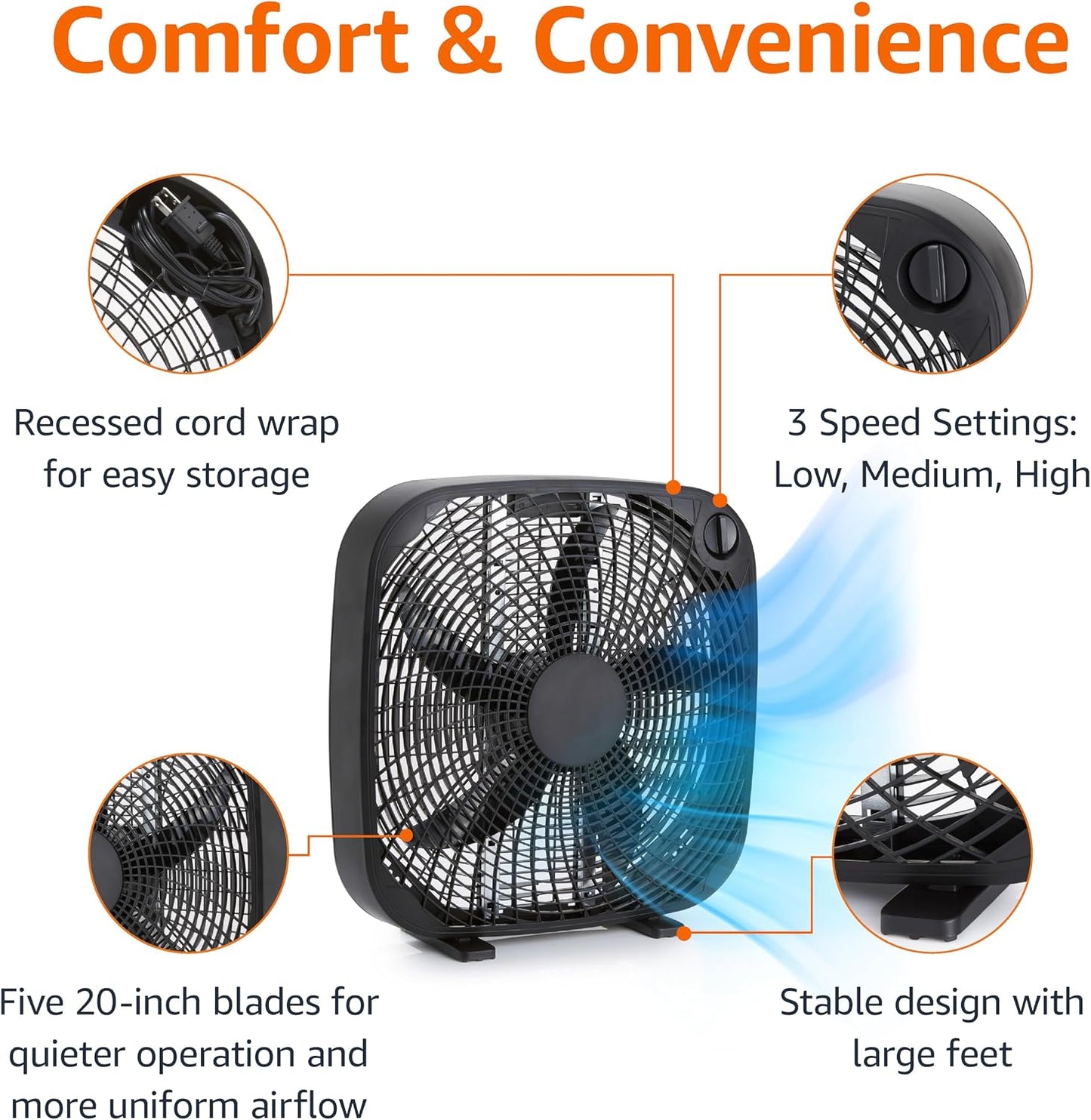 Amazon Basics 3-Speed Box Fan for Bedroom, Portable with Carry Handle, Powerful Airflow, 5 Blades, Lightweight Design, 67 Watts, 20-Inch, Black, 6.8"D x 20.86"W x 21.33"H