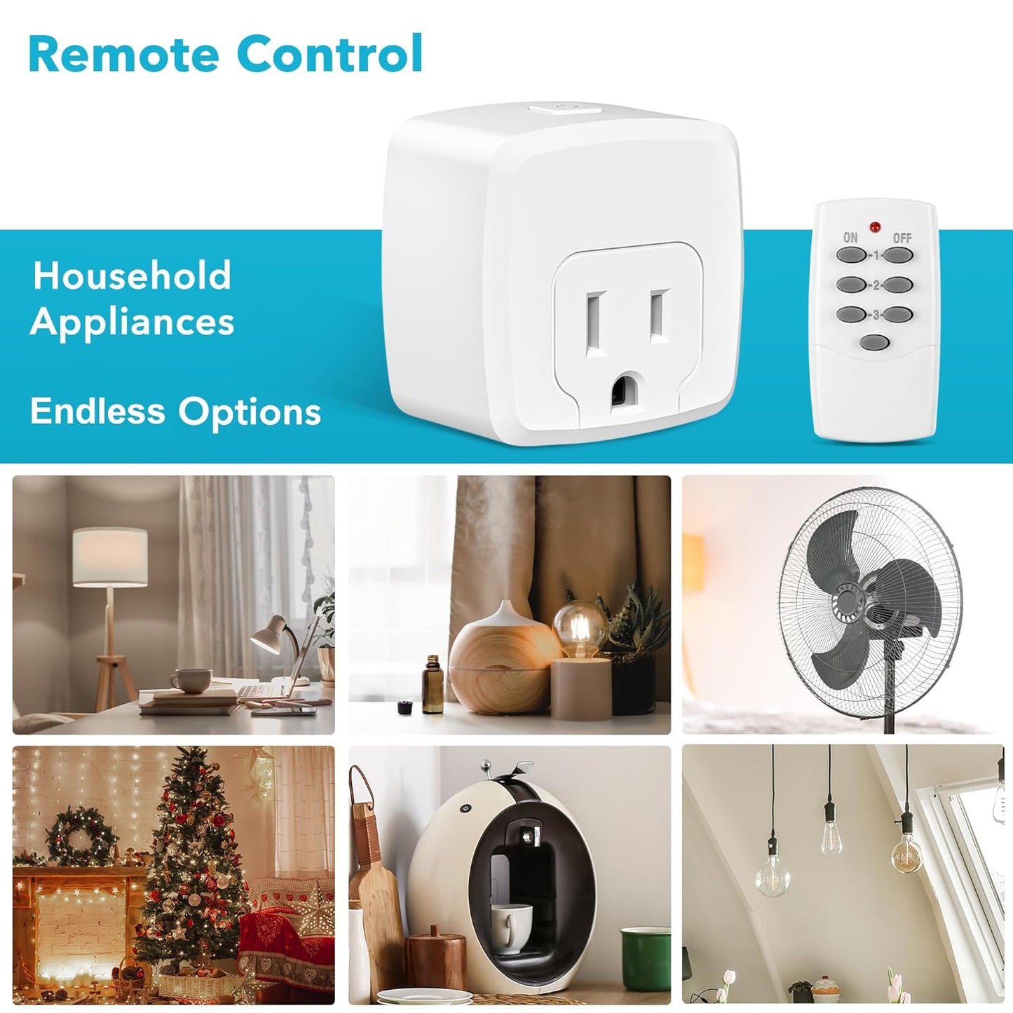 HBN Remote Control Outlet with 100FT RF Signal, Wireless On Off Switch Plug for Household Appliances, Battery Included, 15A/1875W(3 Outlets + 1 Remote)