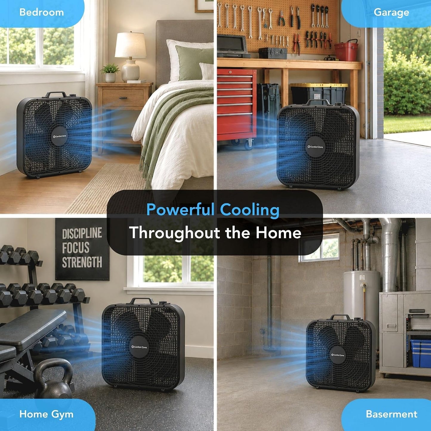 Comfort Zone Box Fan with Carry Handle, 20 inch, 3 Speed Full-Force Air Circulation with Air Conditioner, Floor Fan, Bedroom Fan, Airflow 15.03 ft/sec, Ideal for Home, Bedroom & Office, CZ200ABK