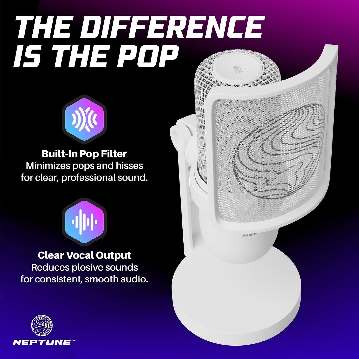 Neptune Sonus Gaming Microphone | Streaming Mic With Pop Filter for Vocal Clarity | Desktop Mic for Streaming, Gaming, Recording, & Podcast | PC Microphone With Type-C to USB Cable (White)