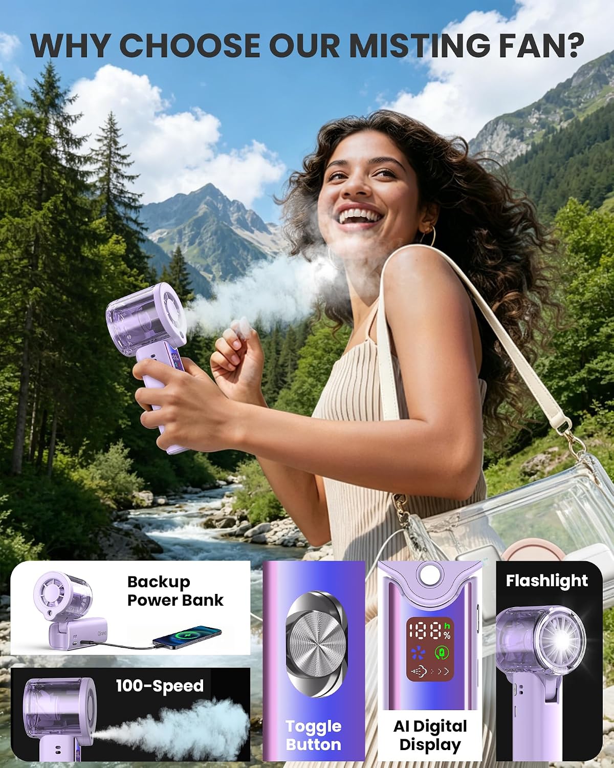 Portable Misting Fan with Mist, 3-in-1 Rechargeable Handheld 4000mAh | Adjustable mist mode, 100-speed wind control, LED display, power bank function, 30000RPM, compact & lightweight